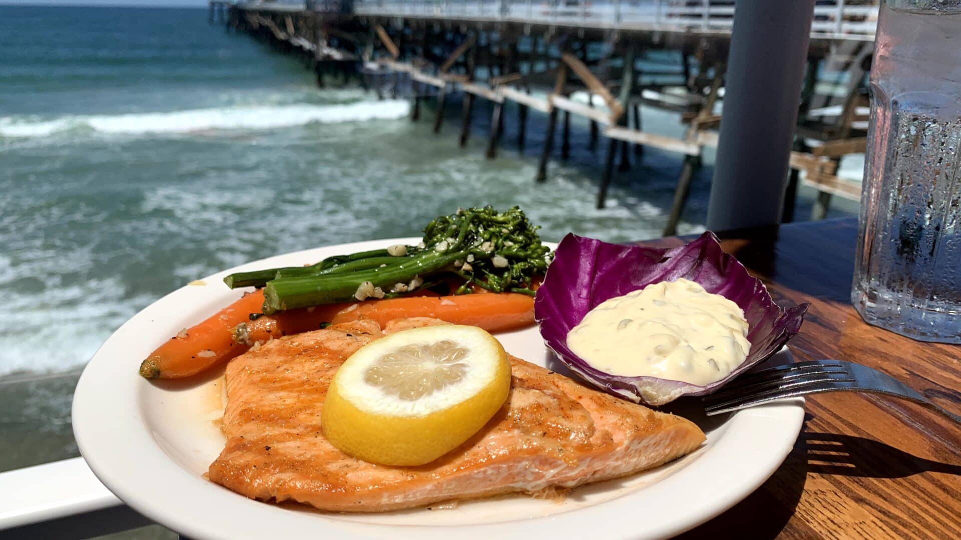 Fish plate with ocean and pier in background