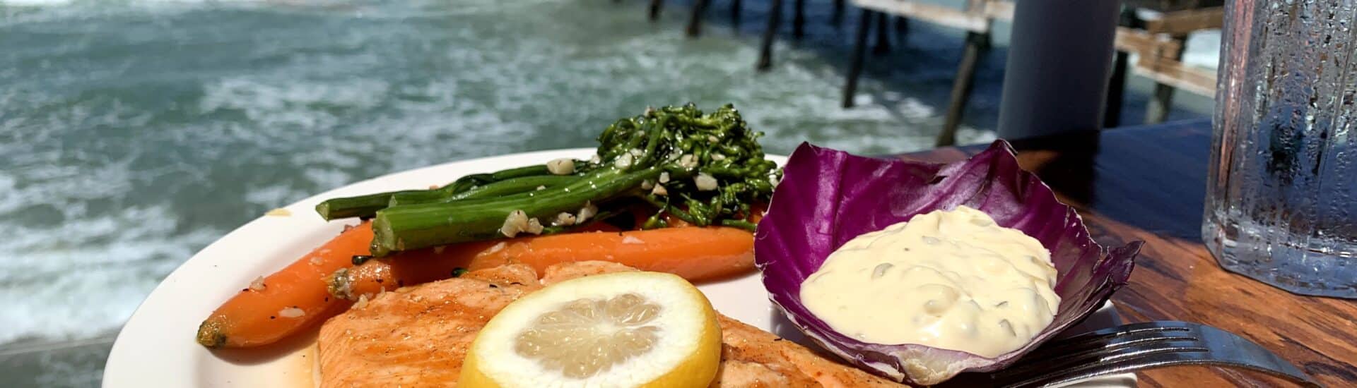 Fish plate with ocean and pier in background